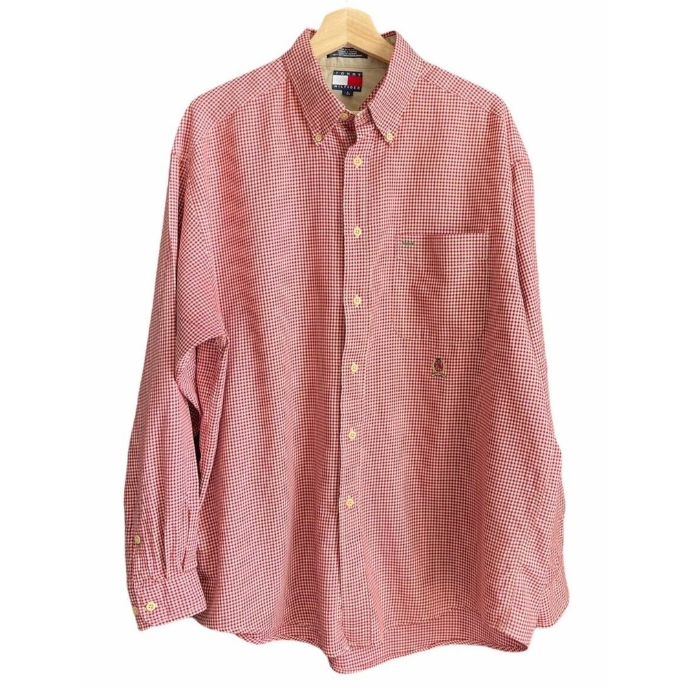Vintage Tommy Hilfiger Shirt Large Red White Check Long Sleeve Button Up Crest